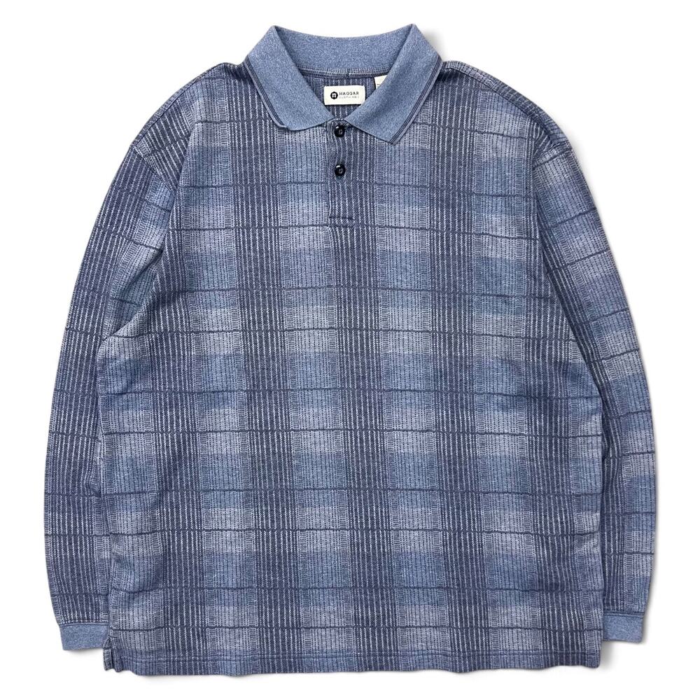Vintage Soft Sweater Polo Shirt Blue Plaid Haggar Long Sleeve Collared Preppy L